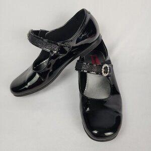 Rachel Shoes Girls 3M Black "Patent Leather Look" Rhinestone Hook Loop‎ Closure